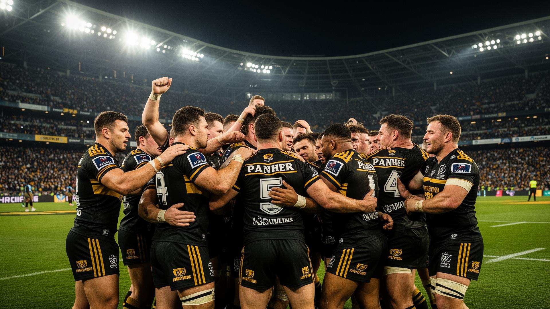 Panthers players celebrate one of twelve unanswered tries on Sunday afternoon.